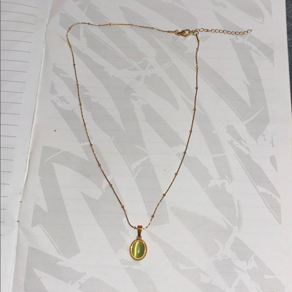Gold Necklace - Green Opal Oval Pendant Necklace